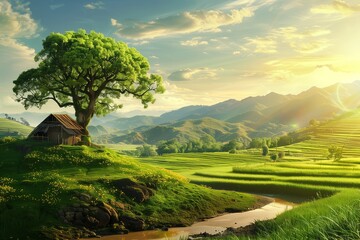 utopian futuristic green countryside landscape during pleasant spring or summer day, happy environment version after all pollution issues resolved