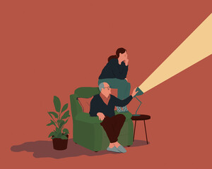 Older man lighting the way forward for young woman