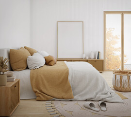 White boho bedroom with wooden furniture and blank picture frame. 3d rendering