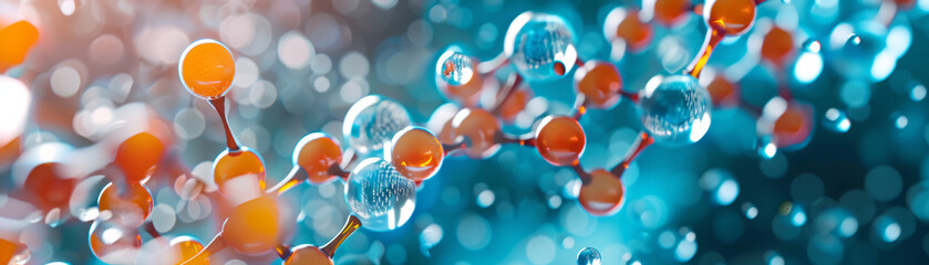 Depiction of a molecule model in vibrant orange and blue hues made through 3D illustration technology