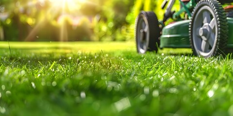 Fototapeta premium Closeup of a green lawn mower in action on a wel. Concept Landscaping, Gardening, Lawn Care