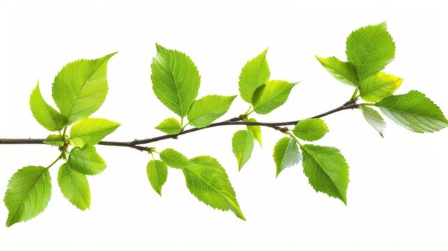 Vibrant green leaves on branch, isolated on white background, Fresh foliage cut-out photograph