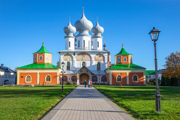 The ancient Assumption Cathedral on the territory of the Tikhvin monastery. Leningrad region, Russia - obrazy, fototapety, plakaty