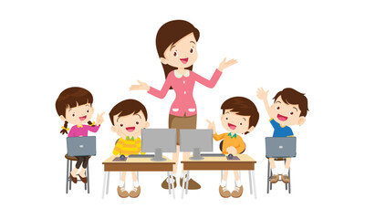 teacher and kids learning computer technology education