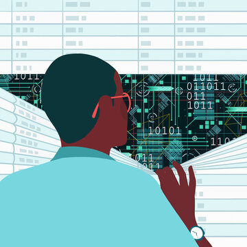 Man peering through spreadsheet at digital data