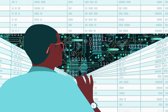 Man peering through spreadsheet at digital data