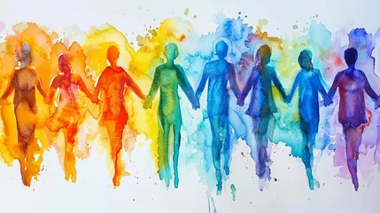 Foto op Plexiglas Vibrant watercolor painting depicting diverse people united, holding hands in solidarity, abstract colorful art illustration © Bijac
