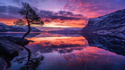 Twilight Serenade: A lone tree stands guard as vibrant skies dance in the silent lake's mirror.