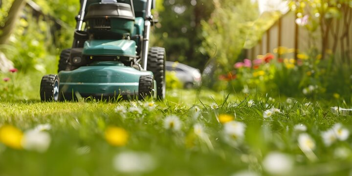 Close-up of a green lawn mower in action on a well-manicured lawn. Concept Lawn Mower, Green, Action Shot, Manicured Lawn, Close-Up