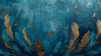 Vintage oil painting with feathers, blue and gold brushstrokes on a textured canvas background