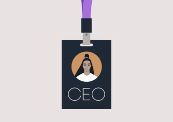 The Visionary Leader, A CEO Face Badge, A lanyard featuring the image of a Female Chief Executive Officer face, symbolizing leadership and vision in a modern corporate setting