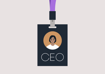 The Visionary Leader, A CEO Face Badge, A lanyard featuring the image of a Female Chief Executive Officer face, symbolizing leadership and vision in a modern corporate setting