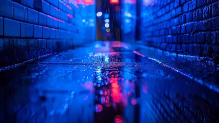 Alleyway bathed in blue neon light, rainsoaked pavement, low angle, noir mood - obrazy, fototapety, plakaty