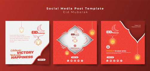 Set of social media post template in orange design with lantern and line art of simple ornamental design. Islamic background in orange and white design