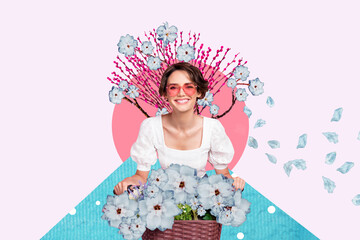 Collage portrait of cheerful girl ride bike fresh flowers basket flying petals easter cotton stem...
