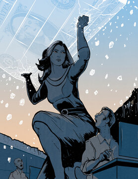 Woman breaking through glass ceiling