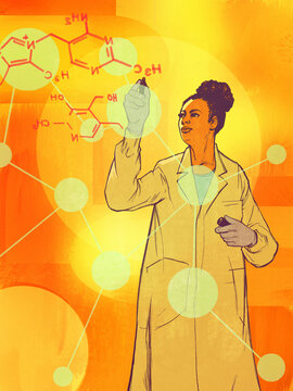 Scientist writing molecular formula on screen