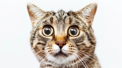 Wide-Eyed Surprised Cat Close-Up on White Background, Funny Feline Expression, Pet Photography, Digital Illustration