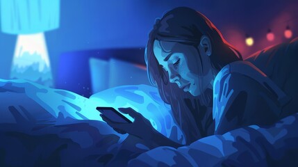 Woman addicted to smartphone lying in bed at night, concept illustration - obrazy, fototapety, plakaty
