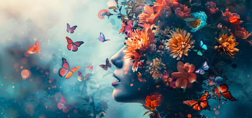 The image depicts a human mind with flowers and butterflies growing from a tree, symbolizing positive thinking, creative mind, self care, and mental health concept.