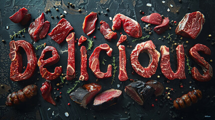 "Delicious" spelled out in an array of exotic meats like elk venison