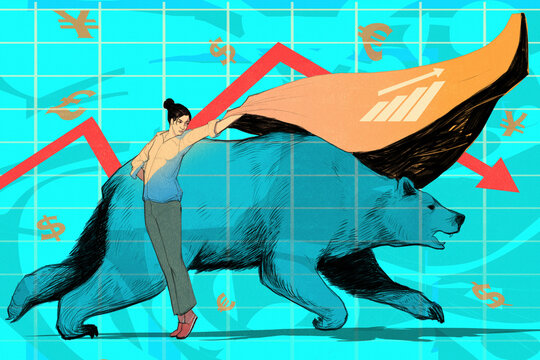 Businesswoman as matador fighting a bear market