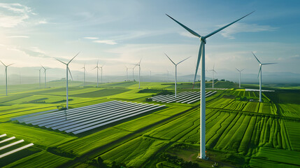 A field of wind turbines and solar panels. The wind turbines are spread out across the field, with some closer to the foreground and others further back - obrazy, fototapety, plakaty