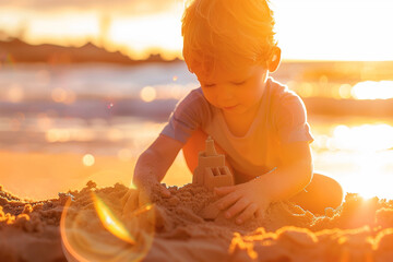 Toddler Concentrating on Sandcastle at Sunset - obrazy, fototapety, plakaty