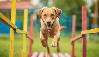 Excited Labrador Retriever Running Agility Course