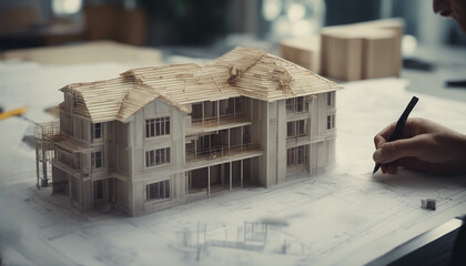 Building the Dream: Worker Reviews House Blueprints on Construction Site
