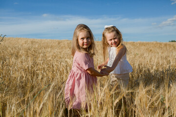 two Girls 5 years old in pink and white dresses and hat standing at the field of wheat 
