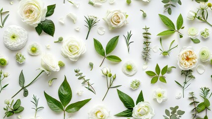 Fototapeta premium white roses, lush green leaves, and delicate small flowers arranged on a white background, capturing the essence of elegance and beauty in a flat lay top view pattern.