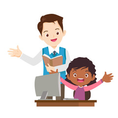 happy teacher and student learning computer