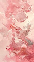 Create an abstract interpretation of the ThreeBody Problem using digital brushes and textures, dreamy and illustrative, soft pink color palette