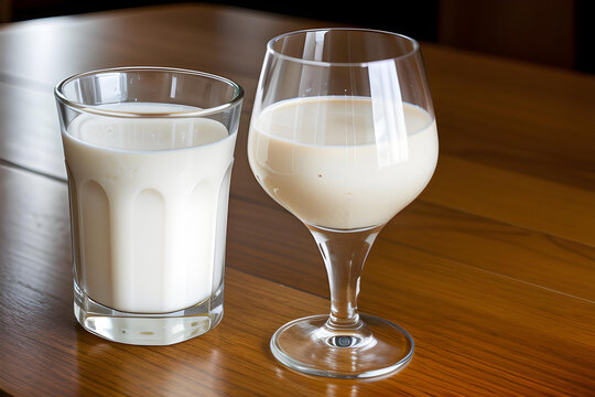 glass and a fancy cup of milk on wooden table