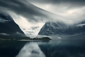 Tableaux ronds sur aluminium Europe du nord Dramatic Fjord Landscape Under a Dynamic Cloud Formation: A Mesmerizing Interaction of Water and Sky
