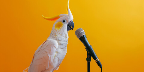 Cockatoo parrot talking with a microphone. Advertisement concept with wide copy space for text.
