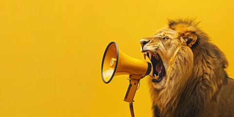 Lion roaring on amegaphone. Advertisement concept with wide copy space for text.
