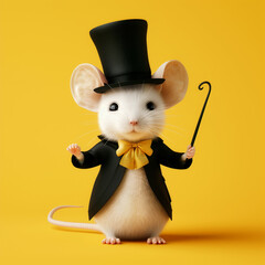 Magician white mouse doing tricks. Advertisement concept with wide copy space for text.
