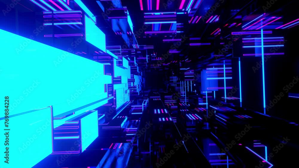 Poster flight through hi-tech technology tunnel with camera shake. neon light, sci-fi constructions, myster