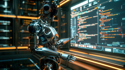 Fototapeta premium Artificial Intelligence Robot Interacting with Digital Interface