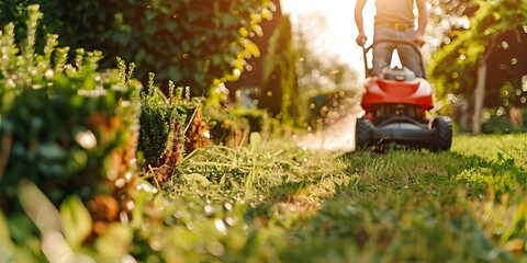 Man using a lawnmower to trim hedges in his sunny backyard. Concept Gardening, Lawn Care, Outdoor Activities, DIY Landscaping, Sunny Day - obrazy, fototapety, plakaty