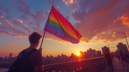 A group celebrating gay pride on a city bridge the rainbow flag contrasting with the urban setting - obrazy, fototapety, plakaty