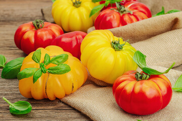 Fototapeta na wymiar Colorful Heirloom tomato harvest. Ripe ribbed vegetables with fresh basil leaves. Wooden background