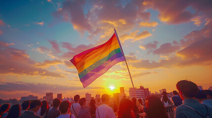 A group celebrating gay pride on a city bridge the rainbow flag contrasting with the urban setting