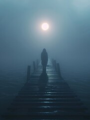 A shadowy figure standing at the end of a foggy pier holding a mysterious glowing orb