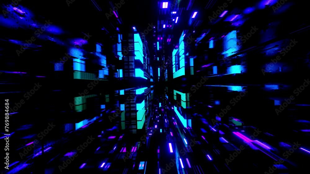 Poster flight through hi-tech technology tunnel with camera shake. neon light in mirror room, sci-fi constr