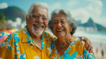 A joyful senior couple from Brazil laughing together on a beach in Rio