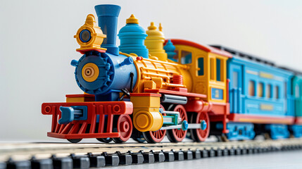 Fototapeta premium A little train engine model painted in vivid primary colors