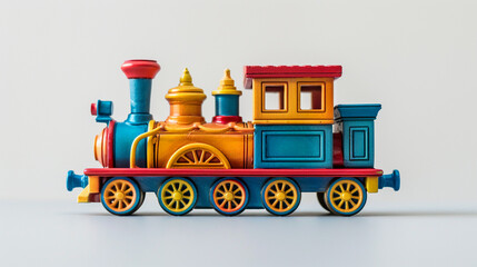 A little train engine model painted in vivid primary colors